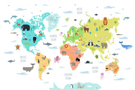 World Map With Wild Animals Stock Illustration Download Image Now