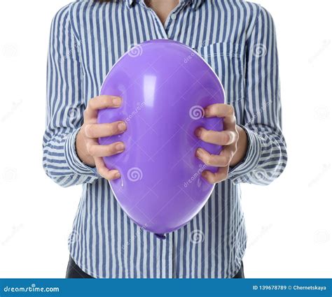 Woman Squeezing Purple Balloon On White Background Stock Image Image