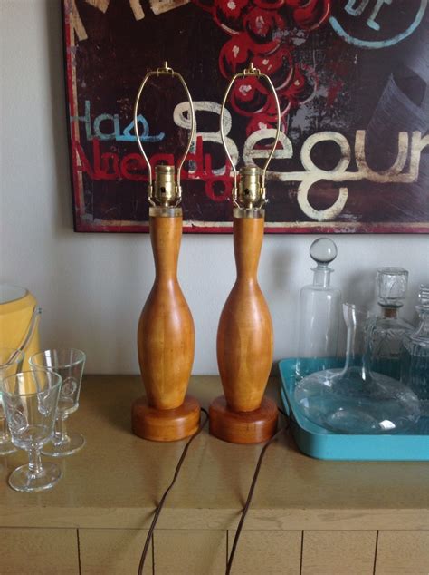 Vintage 1950s Wood Bowling Pin Lamps