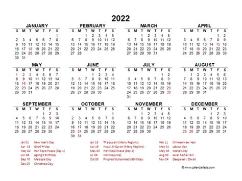2022 Year At A Glance Calendar With Malaysia Holidays Free Printable