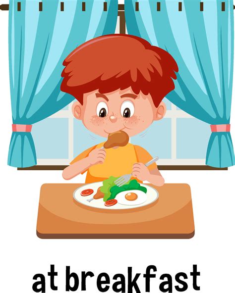 English Prepositions Of Time With Kid Have A Breakfast Scene Vector Art At Vecteezy