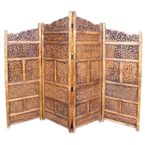 Wood Room Divider 4 Panel Carved Screen