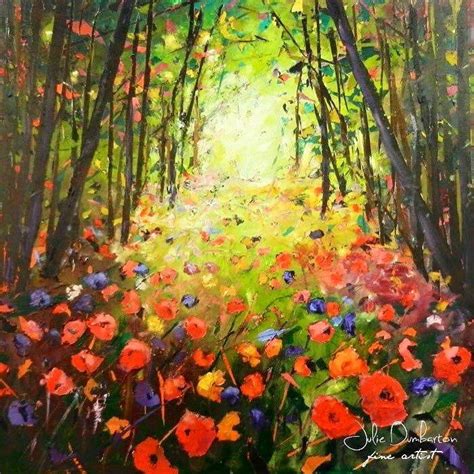 An Oil Painting Of Flowers And Trees In The Woods With Sunlight Coming