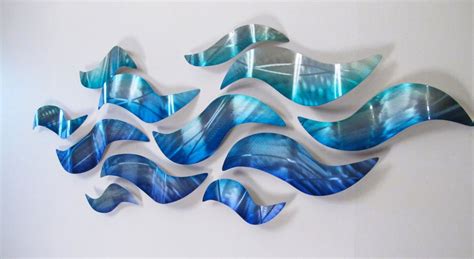 Large Metal Wall Sculpture Blue Wave Tropical Design Modern Art Decor