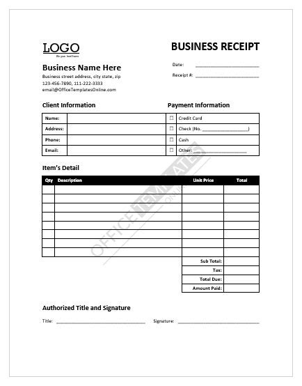 Printable Business Receipt Templates