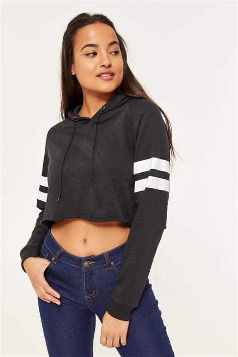 Ardene Basic Cropped Striped Sleeve Hoodie Striped Sleeve Clothes
