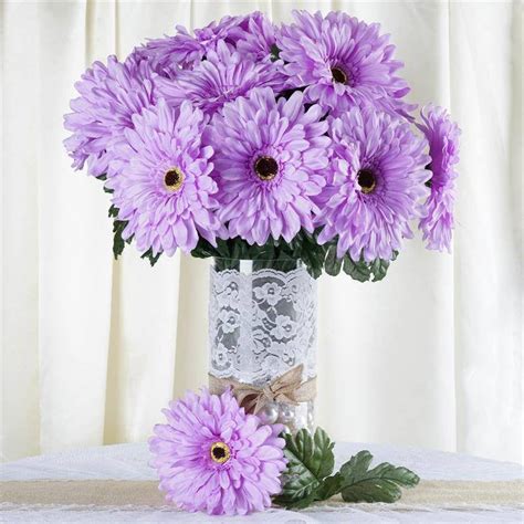 4 Bush 28 Pcs Lavender Gerbera Daisy Artificial Flowers Wedding Vase
