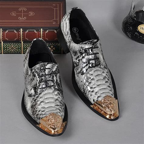 Fashion Luxury Pointed Metal Toe Snakeskin Genuine Leather Mens Shoes