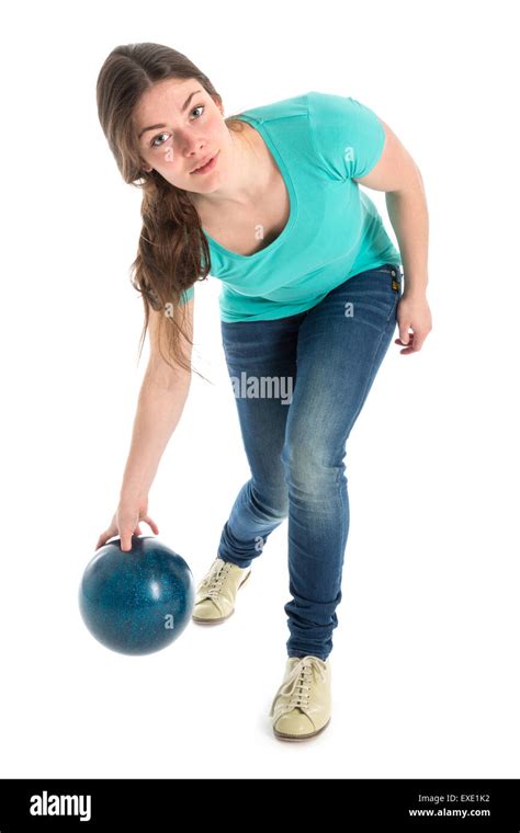 Woman Throwing A Bowling Ball Isolated Over White Stock Photo Alamy