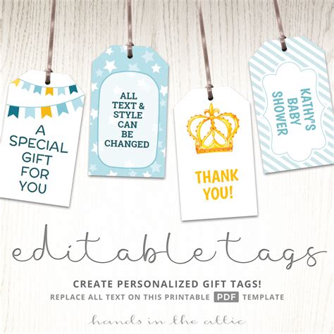 Our printable baby shower cards, which can serve as invites, party favors, or thank you notes, are super easy to edit and customize. Gift Tags for a Little Prince Baby Shower | PDF Template | Hands in the Attic