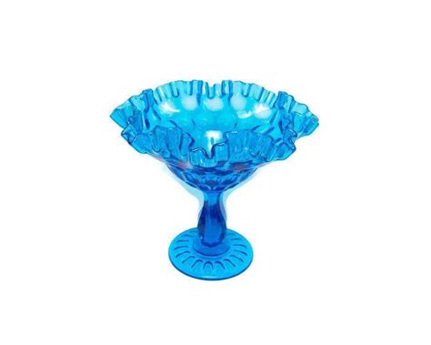 Vintage Fenton Art Glass Colonial Blue Footed Compote Thumbprint Design Ruffled Edge Crimped Rim