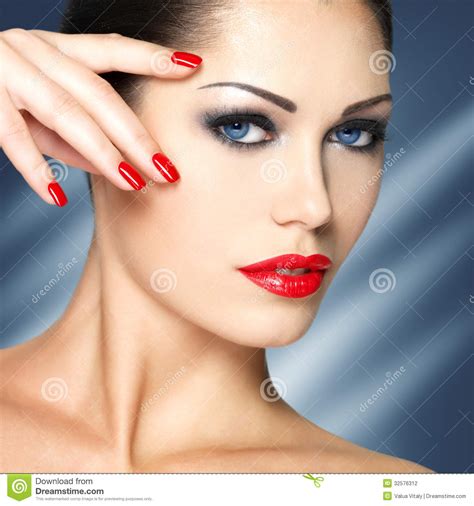 Beautiful Woman With Red Nails And Blue Eyes Stock Photo Image Of Pretty Blue 32576312