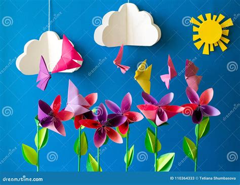 Origami Paper Flowers Butterflies Clouds And Sun Stock Image Image
