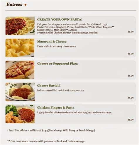 View the latest olive garden prices for the entire menu including appetizers, soups, seafood, kid's meals, desserts, beverages, and catering meals. The Kids Menu: Olive Garden Kids Menus & Prices | Kids ...
