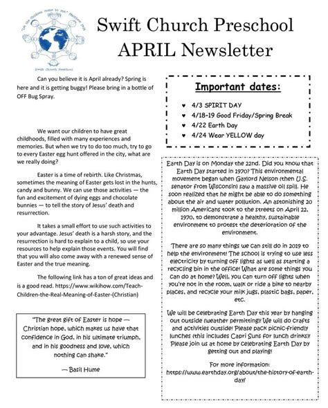 Swift Presbyterian Church April Preschool Newsletter