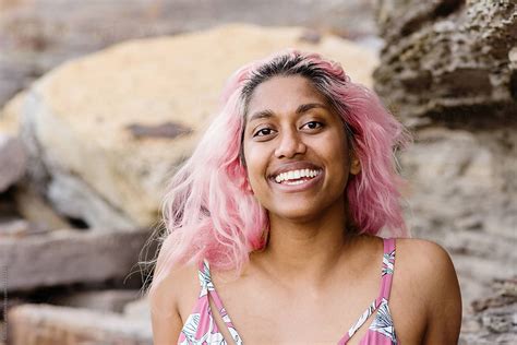 Smiling Woman With Pink Hair By Stocksy Contributor Gillian Vann
