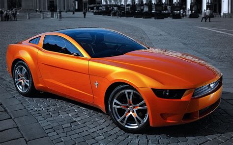 Hd Wallpaper Orange Ford Mustang Coupe Movement Street Car Sports