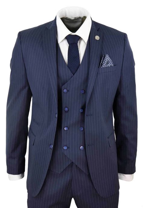 Mens 3 Piece Pinstripe Navy Blue Suit Buy Online Happy Gentleman
