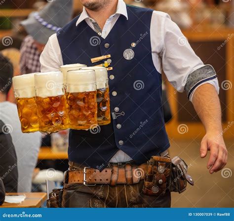 Oktoberfest Munich Germany Waiter Serving Beers Closeup View