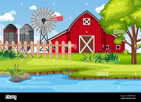 Background Scene With Red Barn And Windmill On The Farm Illustration