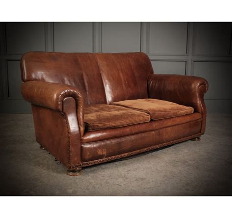 Vintage Brown French Leather Club Sofa