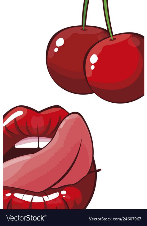 Sexy Female Lips With Cherries Fruit Pop Art Style