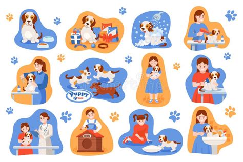 Set Of Caring For Puppy Pet Cartoon Vector Illustration Stock Vector Illustration Of Caring