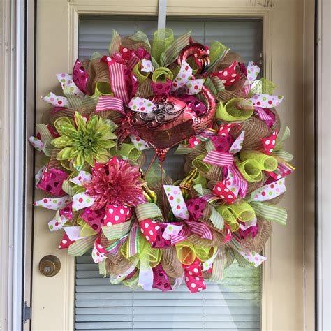 Here is how to make your own fall mesh ribbon wreath. Summer Flamingo Deco Mesh Wreath Front Door Decor