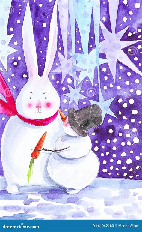 Snowman Feeding A Carrot Snowman Rabbit Christmas Night In The Woods