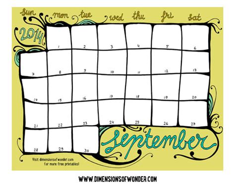 Free Printable Monthly Calendar September 2014 Hand Drawn