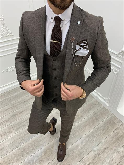 Men Suits Brown 3 Piece Slim Fit Two Button Wedding Groom Etsy In