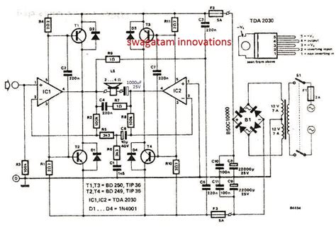 Thanks to its high power capability the tda2050 is able to provide up to 35w true rms power into 4 ohm load @ thd = 10%, vs = ±18v, f = 1khz and. 120 Watt Amplifier Circuit using TDA 2030 IC