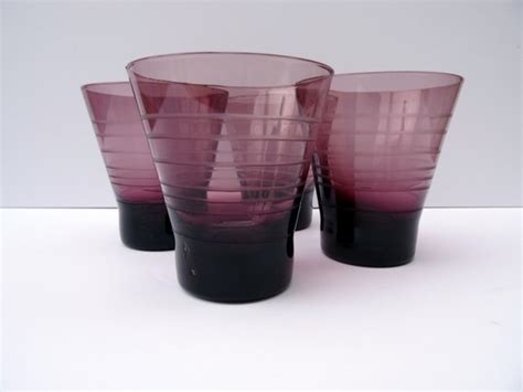 Vintage 4 Purple Whisky Glasses Purple Blown Glass Tumblers