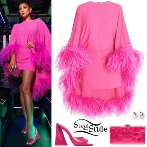 Shay Mitchell Pink Feather Dress And Sandals Steal Her Style