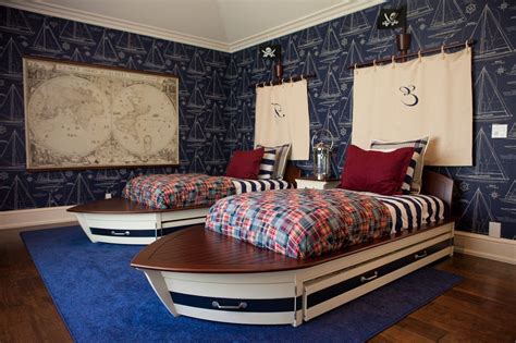 Nautical Themed Boys Room With Stunning Wallpaper And Sea Blue Colored