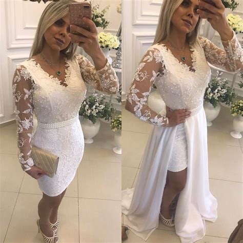 Chic White Beading Prom Dresses With Detachable Skirt Sheer Long