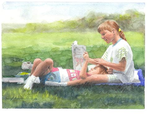 Sisters Reading Watercolor Portrait Drawing By Mike Theuer Fine Art America