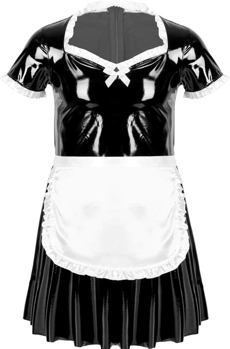 yanarno men s sissy maid dress ruffle v neck latex maid uniform flared dress with