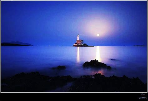 Lighthouse Coast Night Ocean Sea Reflection Moon Moonlight Lights