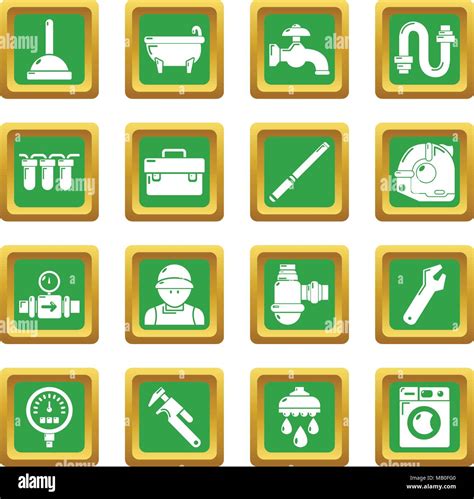 Plumber Symbols Icons Set Green Square Vector Stock Vector Image And Art