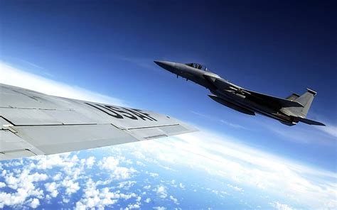 Hd Wallpaper F 15 Eagle Flies Alongside A Kc 135 Stratotanker