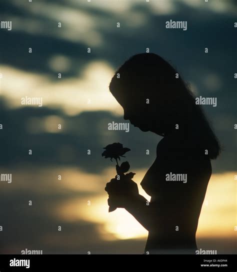 Silhouette Topless Woman Holding Flower At Sunset Stock Photo Alamy