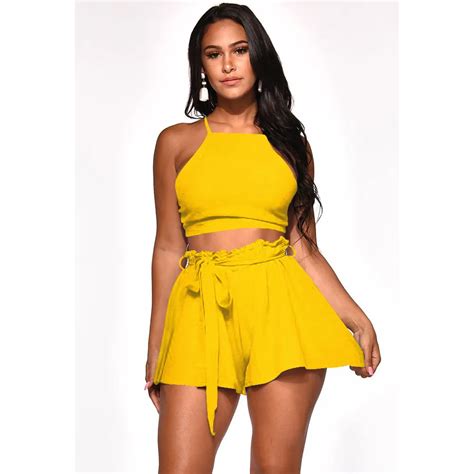 2019 summer casual short two piece set crop tops and loose shorts matching sets summer clothes