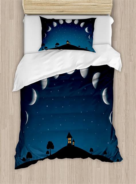 Lunarable Moon Phases Duvet Cover Set Night Landscape With Trees And House On A