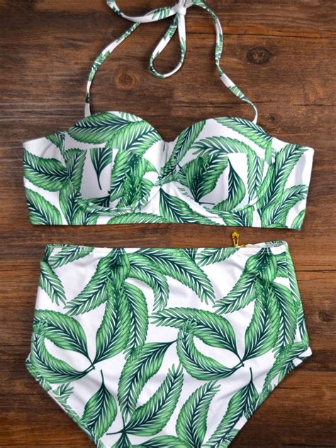 19 99 Bikini Top And High Waist Bottom Green Leaf Printed Halter