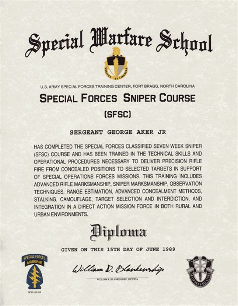 Special Forces Sniper Course Certificate