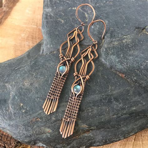 Labradorite Earrings Wire Wrap Earrings Copper Earrings Etsy