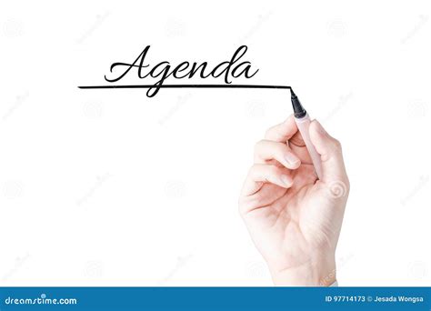 Hand Writing Agenda With Blue Marker On Transparent Board Stock Image
