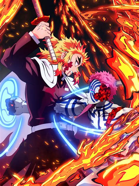 1536x2048 Resolution Akaza vs Kyojuro Rengoku Kimetsu no Yaiba