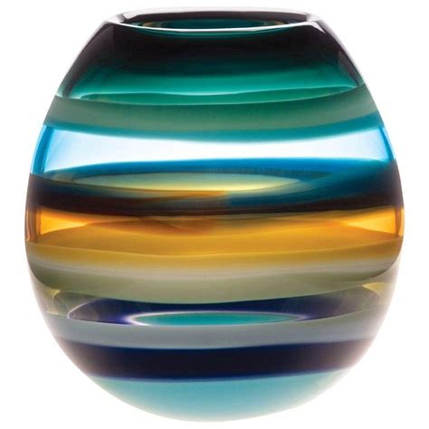 Aqua Blue Banded Handblown Glass Barrel Vase By California Designer
